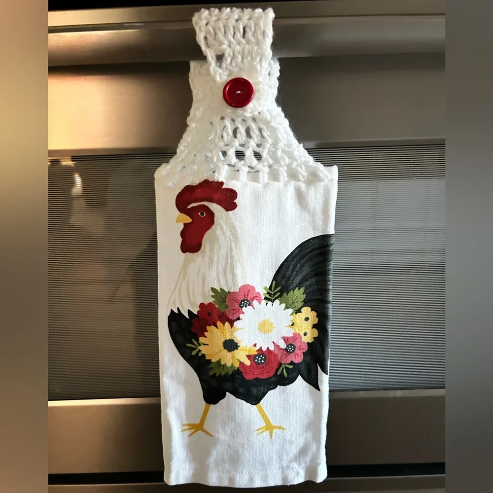 Hand Crafted Farmhouse Rooster Hanging Kitchen Hand Towel with Red Button